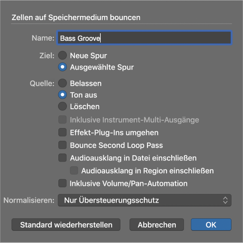 Abbildung. Dialogfenster „Zellen auf Speichermedium bouncen“.