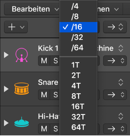 Geöffnetes Einblendmenü „Schrittrate“ mit Auswahlmöglichkeiten im Step Sequencer