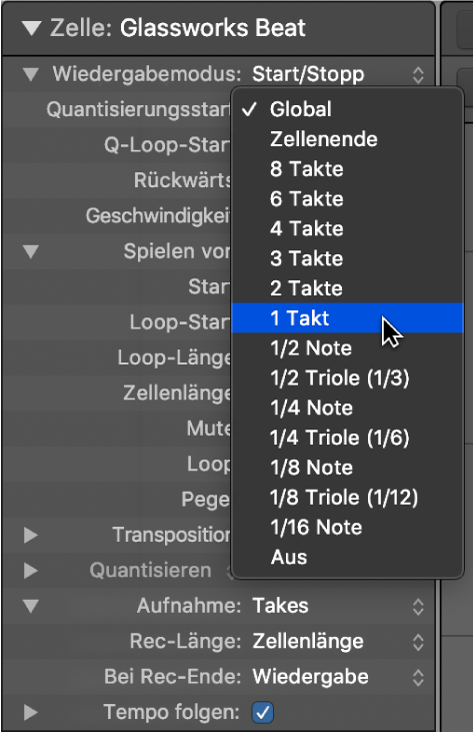Abbildung. Das Einblendmenü „Quantisierungsstart“ im Informationsfenster „Zelle“