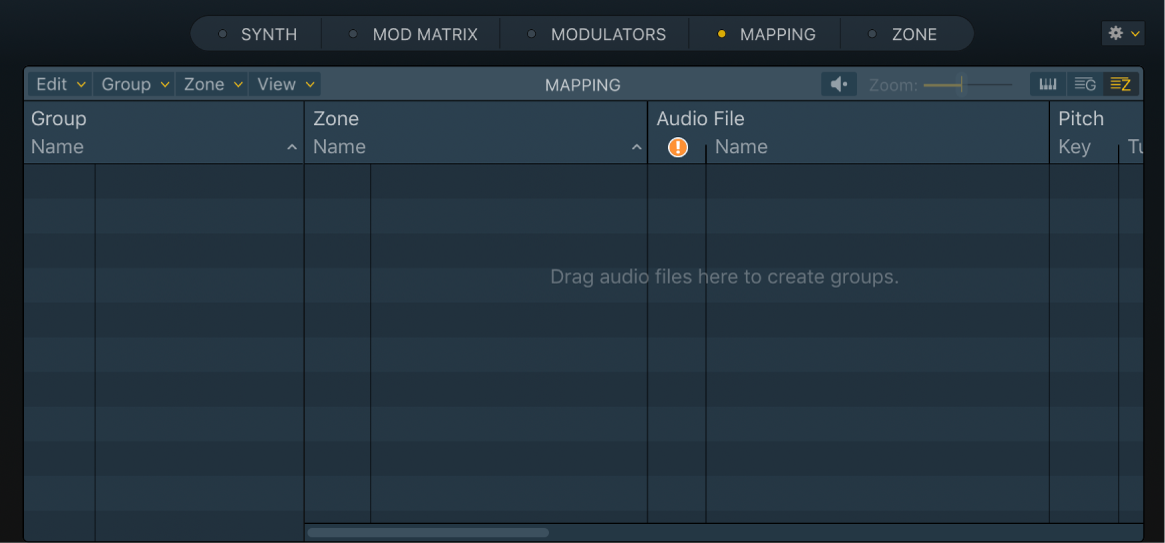 Figure. Empty Sampler Zone view showing Drag audio files here message.
