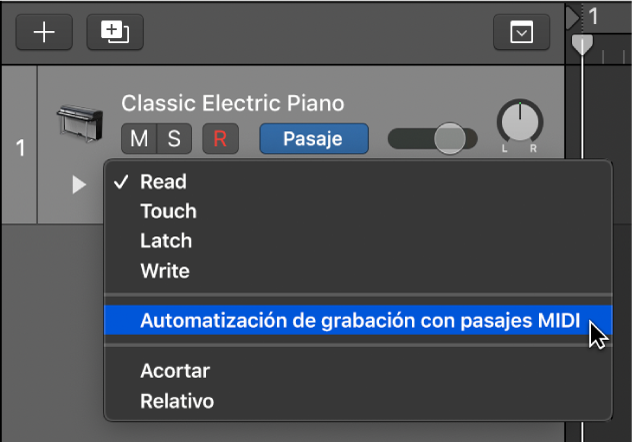 El elemento del menú “Automatización de grabación con pasajes MIDI” en el menú desplegable “Modo de automatización”.