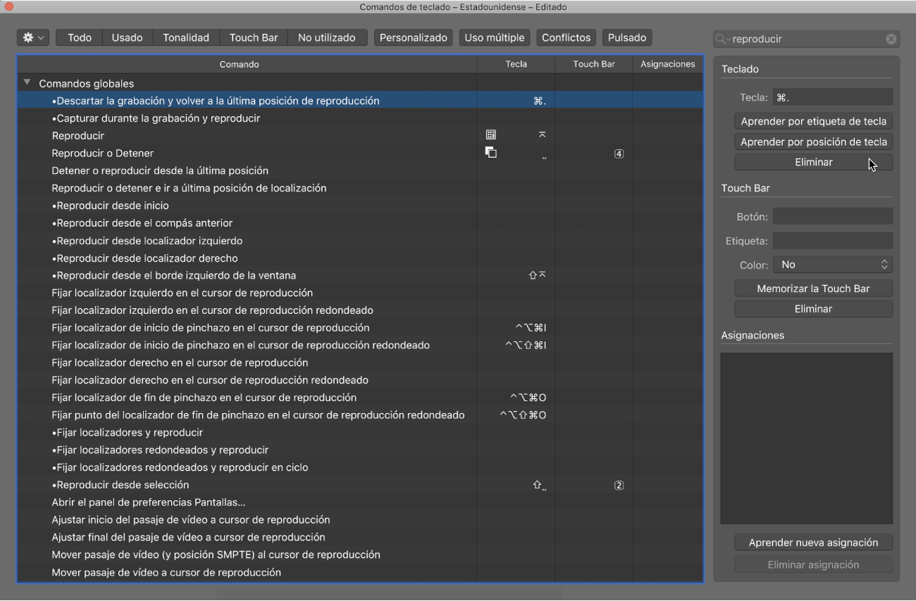 Ilustración. Eliminar una asignación de comando de teclado.