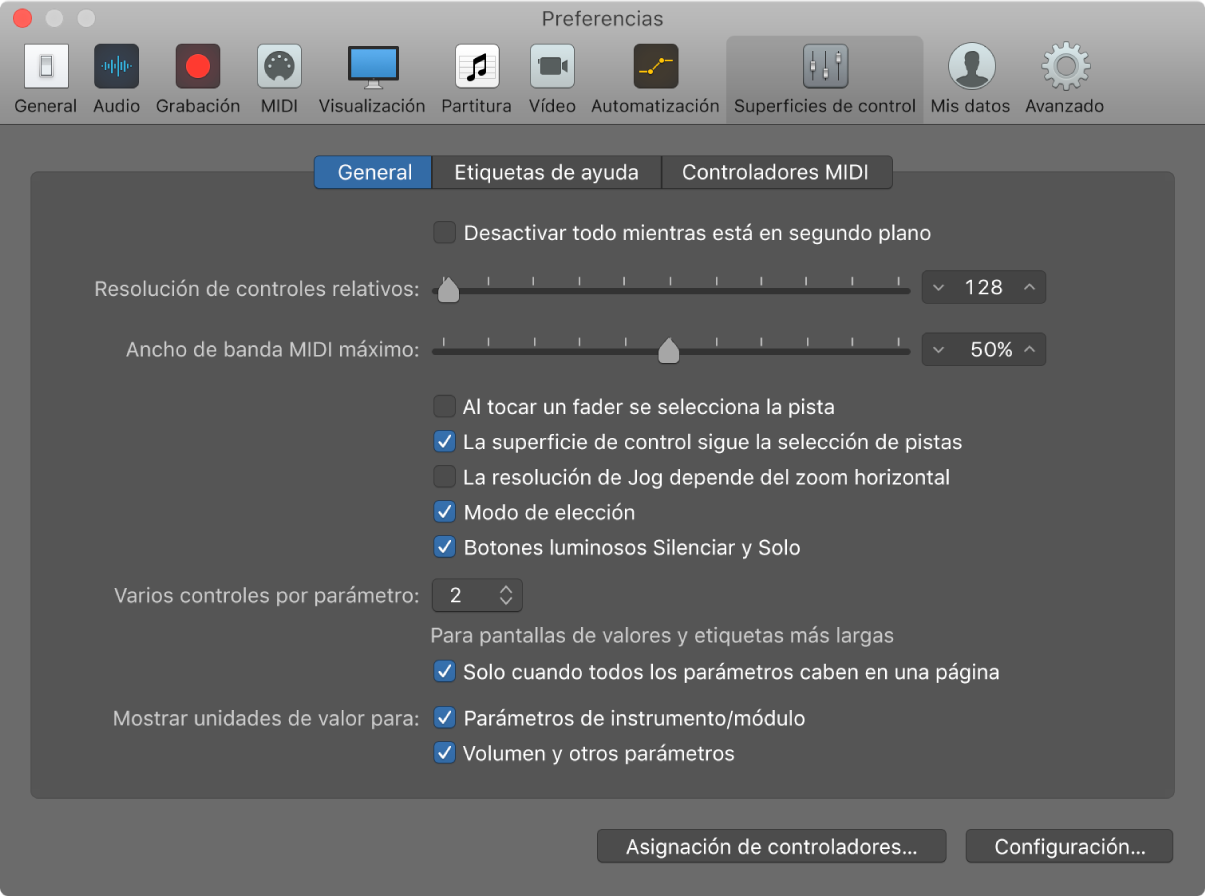 Ilustración. Ventana de las preferencias de las superficies de control de Logic Pro.