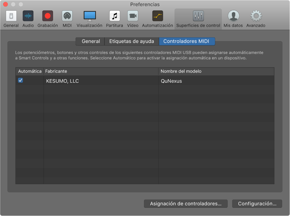 Ilustración. Preferencias de los controladores MIDI de Logic Pro.