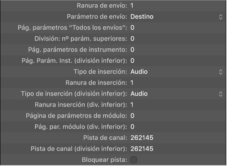 Ilustración. Imagen de los parámetros de envío y de los módulos del grupo de superficies de control.