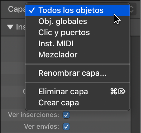 Ilustración. Menú desplegable Capa con una lista de capas.