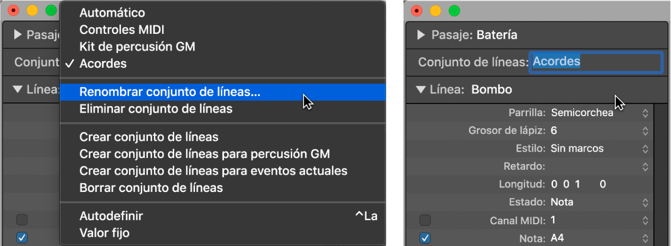 Ilustración. Se está introduciendo un nombre de conjunto de líneas en el inspector.