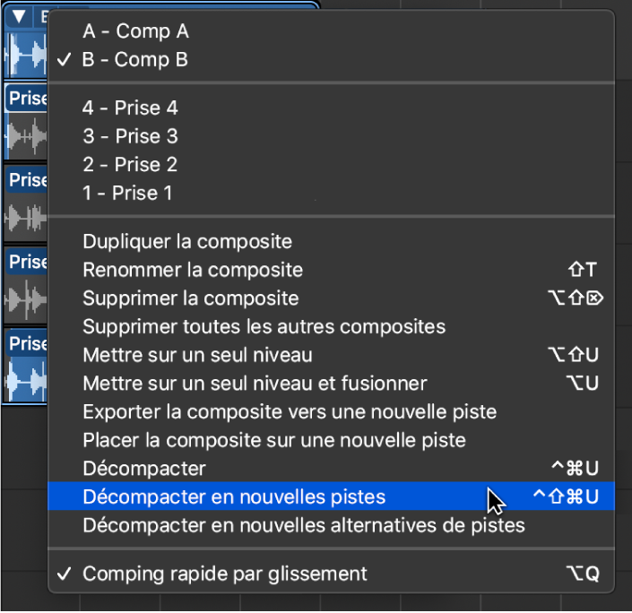 Figure. Sélection de « Décompacter en nouvelles pistes » dans le menu local.