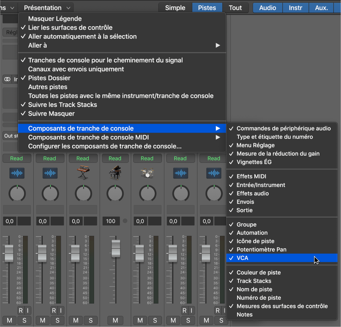 Figure. Sous-menu « Composants de tranche de console » dans le menu Présentation de la table de mixage.