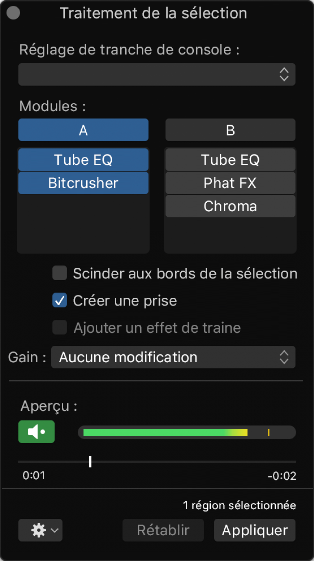 Figure. Fenêtre Traitement de la sélection avec le jeu A actif.
