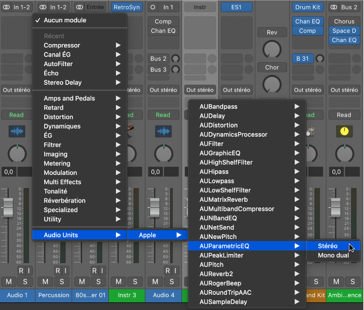 Sous-menu Audio Units du menu Modules.