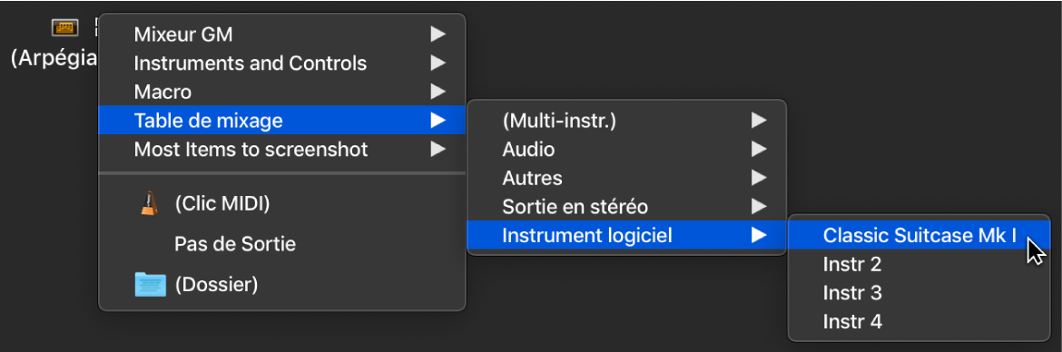 Figure. Sélection d’un objet de destination dans le menu contextuel Réassigner la piste situé dans la fenêtre d’environnement.