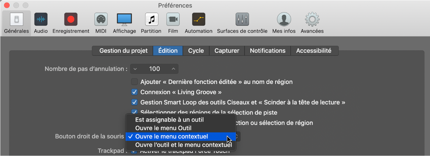 Figure. Menu « Bouton droit de la souris » dans la sous-fenêtre Édition des préférences Général.