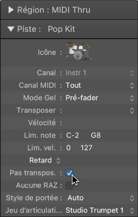 Figure. Zone de paramètre de piste avec la case « Pas transpos. » cochée.