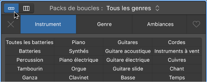 Figure. Navigateur de boucles avec boutons de mots-clés et bouton Afficher le bouton.