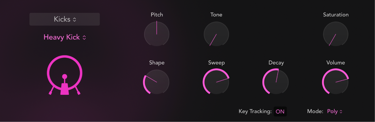 Figure. Interface Drum Synth avec son de grosse caisse et paramètres correspondants. Les paramètres changent en fonction du type de son de grosse caisse choisi.