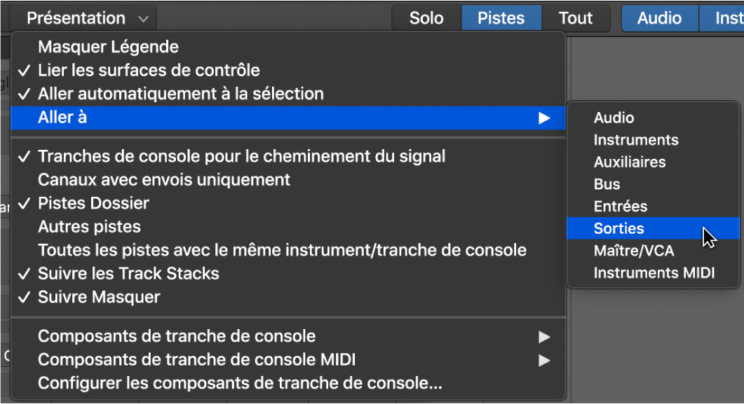 Figure. Sous-menu « Aller à » dans le menu Présentation de la table de mixage.