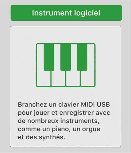 Figure. Sélection du bouton « Instrument logiciel et MIDI » dans la zone de dialogue Nouvelles pistes.