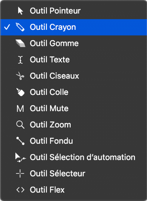 Figure. Menu Outil de l’éditeur de partition défilante, avec l’outil Crayon sélectionné.