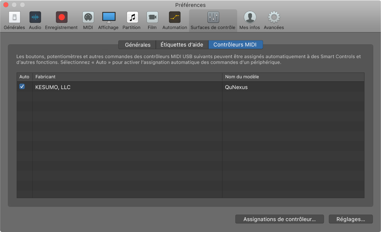 Figure. Préférences des contrôleurs MIDI de Logic Pro