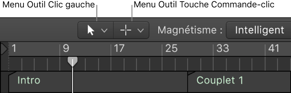 Figure. Menus Outil Clic gauche et « Outil Touche Commande-clic » dans la zone Arrangement.