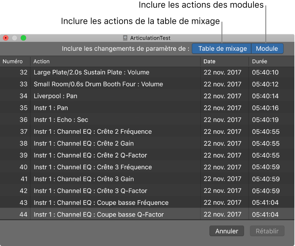 Figure. Historique d’annulation avec les boutons « Inclure les annulations de table de mixage dans l’historique d’annulation du projet » activés.