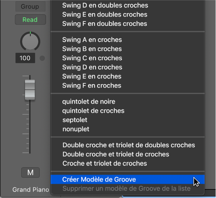 Figure. Option « Créer un modèle de Groove » sélectionnée dans le menu local Quantifier.