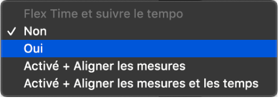 Figure. Menu local « Flex et suivre » dans l’inspecteur de piste montrant les choix proposés.