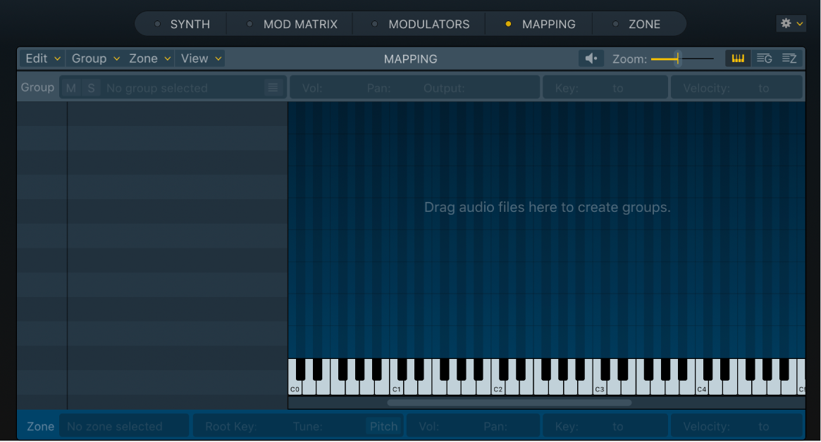 Figure. Éditeur de mappage de touche vide dans Sampler, avec message invitant l’utilisateur à y déposer des fichiers audio.