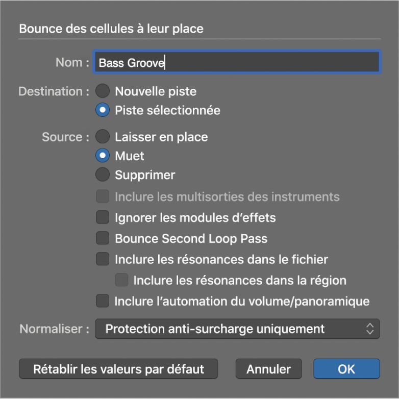 Figure. Zone de dialogue « Bounce des cellules à leur place ».