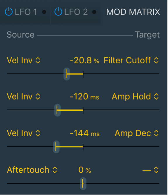 Figure. Sous-fenêtre Mod Matrix de Quick Sampler, affichant quatre routages de modulation.