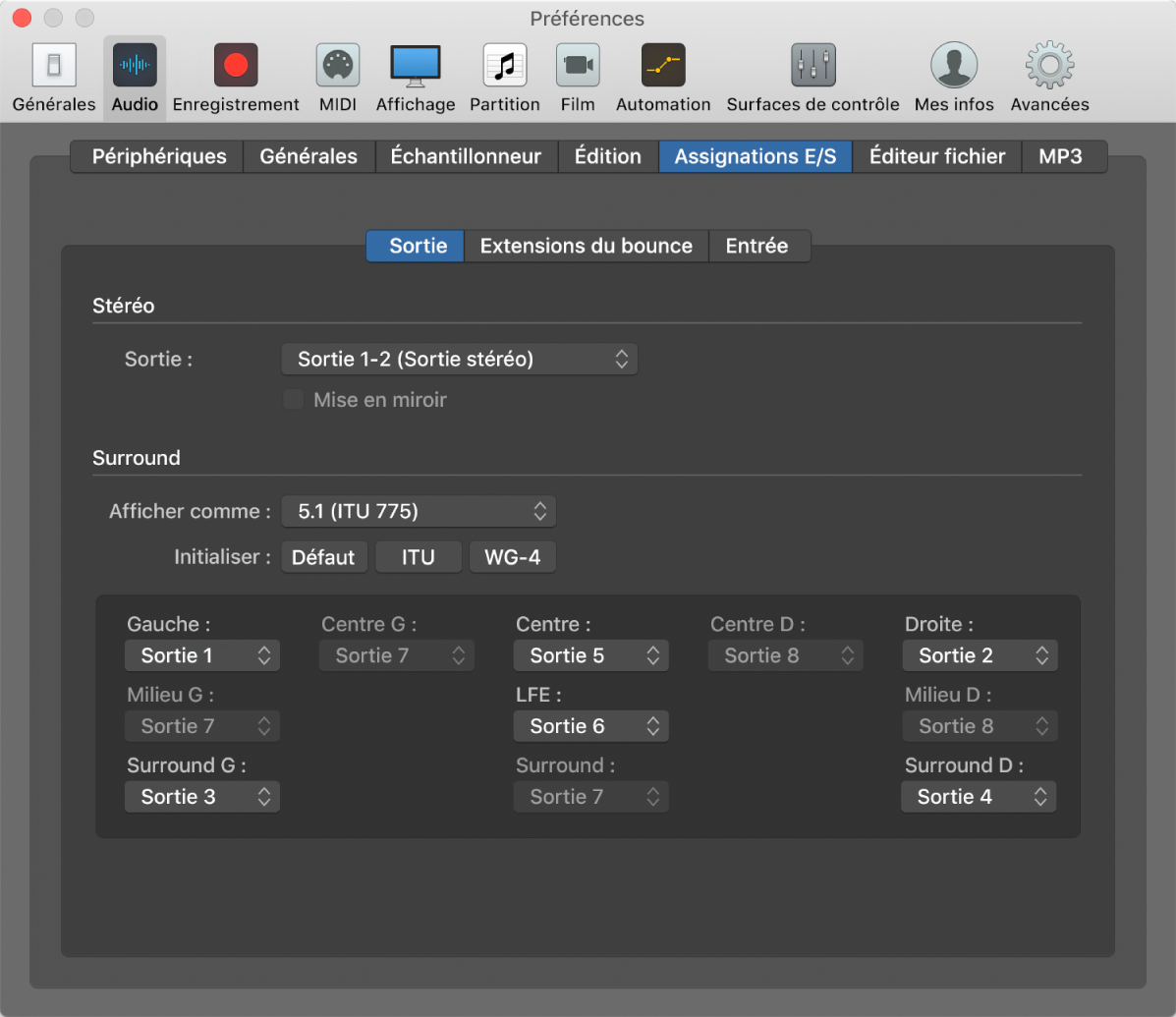 Figure. Sous-fenêtre Assignations E/S des préférences Audio.