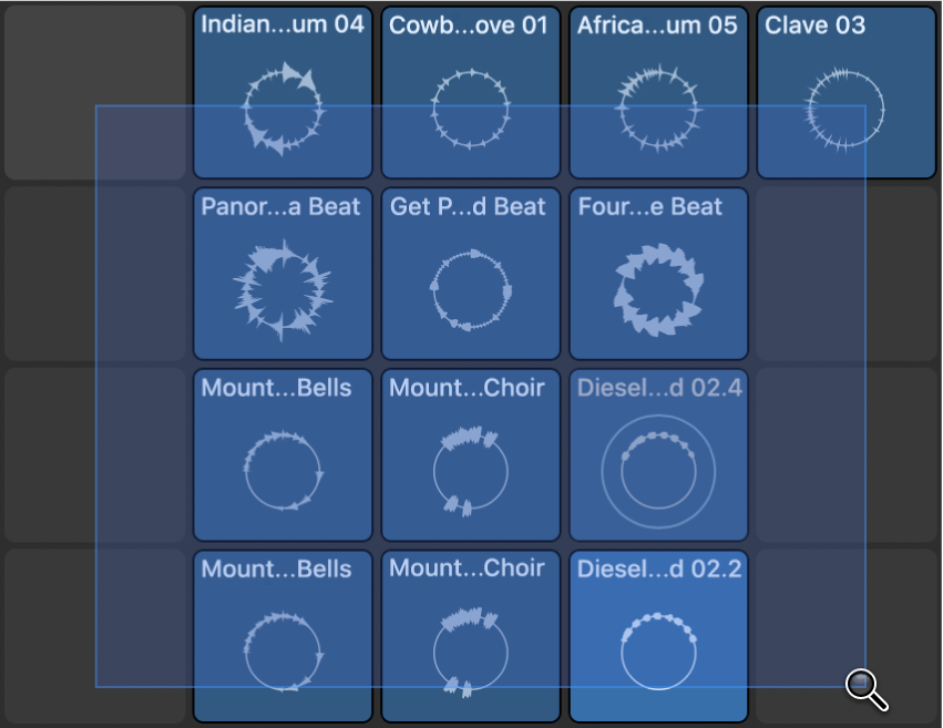 Figure. Grille des Live Loops montrant une sélection de cellule établie à l’aide de l’outil Zoom.
