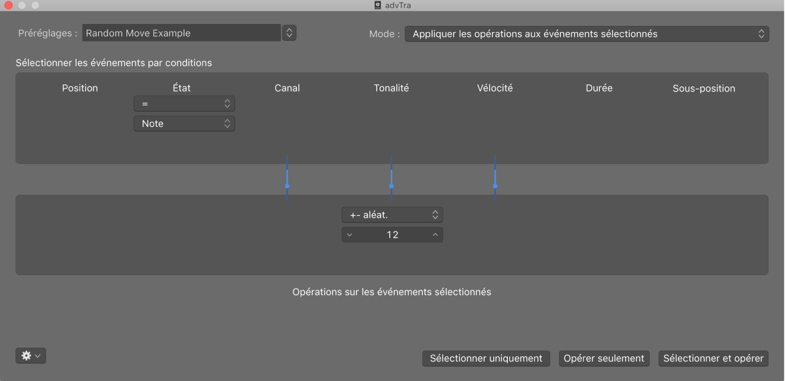 Figure. Fenêtre de transformation affichant des réglages de conversion d’événements de note MIDI en événements de contrôleur MIDI 1.