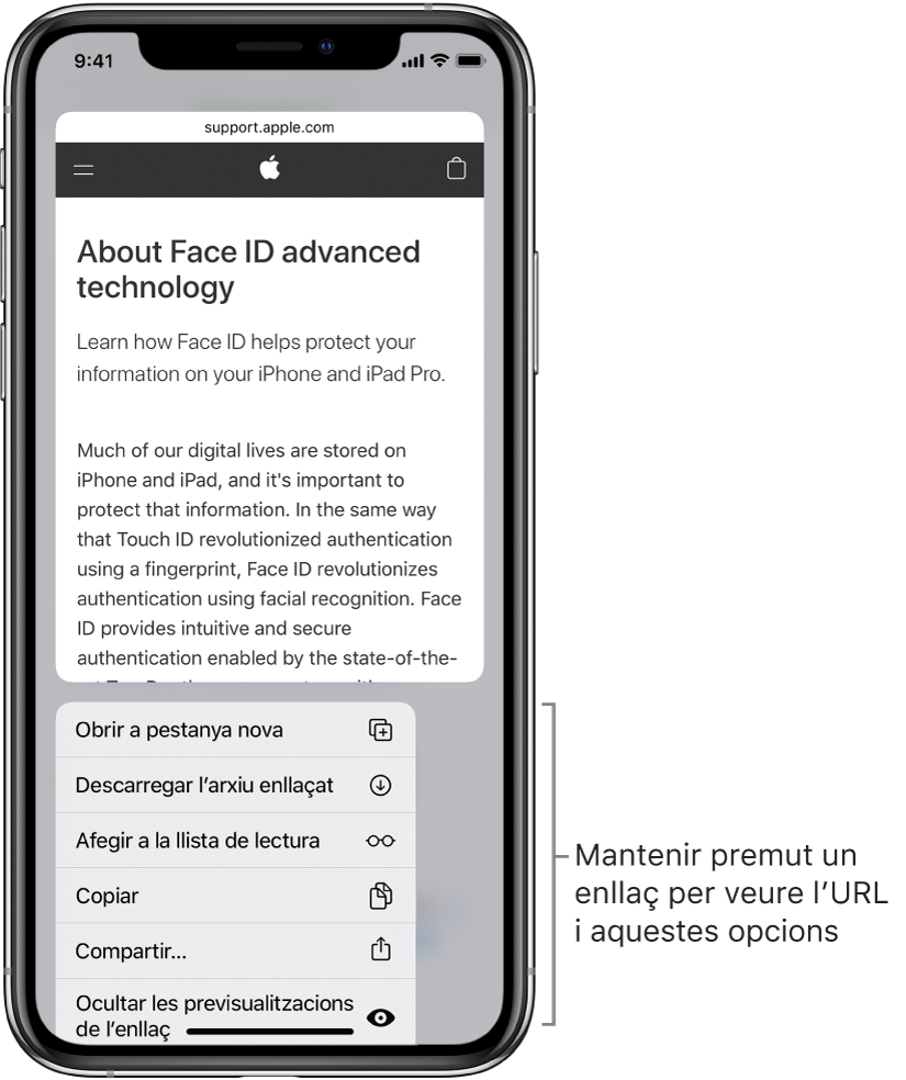 Una superposició on es veu una previsualització de l’URL de destí seguida d’una llista d’accions possibles: Obrir, “Afegir a la llista de lectura”, “Afegir a l’app Fotos”, Copiar i Compartir.