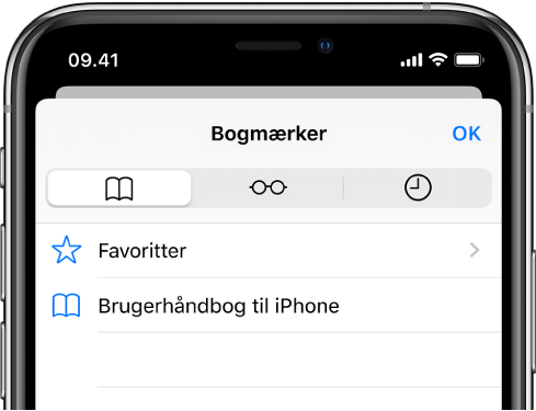 Skærmen Bogmærker, med indstillinger til at se favoritter og browserhistorik samt bogmærker.