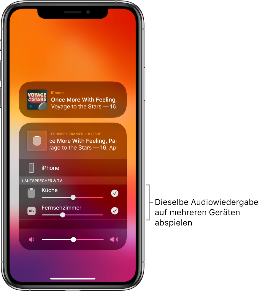 Der iPhone-Bildschirm zeigt HomePod und Apple TV als ausgewählte Audioziele.