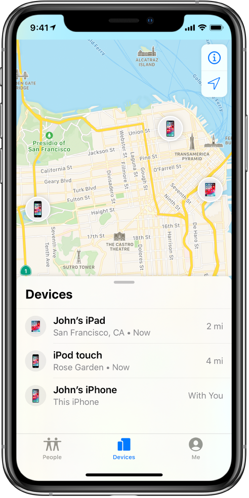 There are three devices in the Devices list: John’s iPad, John’s iPod touch, and John’s iPhone. Their locations are shown on a map of San Francisco.