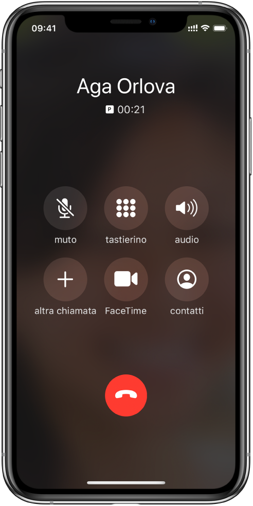 Schermo di iPhone che mostra i pulsanti per le opzioni mentre stai chiamando. Nella parte superiore, da sinistra a destra: i pulsanti Muto, Tastierino e Vivavoce. Nella parte inferiore, da sinistra a destra: i pulsanti “Altra chiamata”, FaceTime e Contatti.