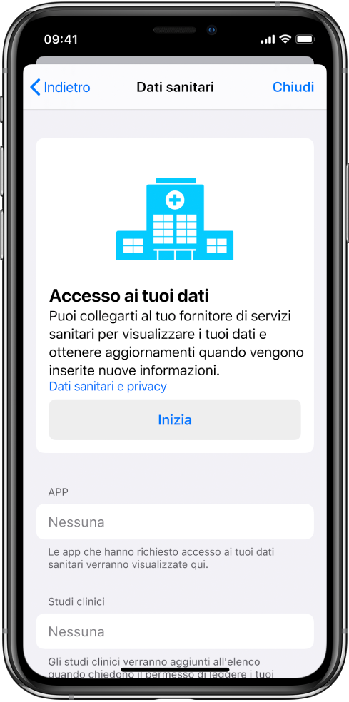 La schermata iniziale per la configurazione dei download dei dati sanitari.