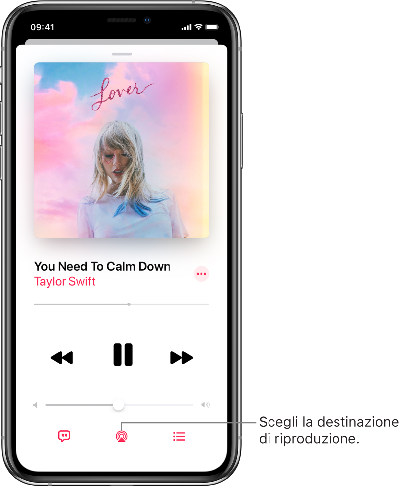 I controlli di riproduzione sulla schermata “In riproduzione” di Musica, tra cui il pulsante “Destinazione di riproduzione” nella parte inferiore dello schermo.