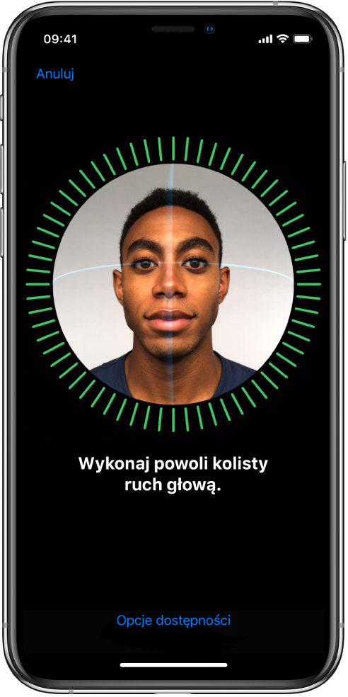 Ekran konfiguracji funkcji Face ID. Na ekranie wyświetlana jest twarz otoczona okrągłą ramką. Poniżej znajduje się tekst proszący użytkownika o powolne wykonanie kolistego ruchu głową.