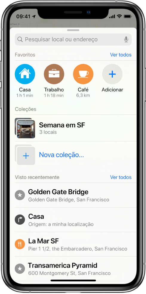 A ficha de pesquisa preenche o ecrã. A secção Coleções aparece por baixo do campo de pesquisa e da linha Favoritos. Na lista Coleções existe uma coleção com o nome “Semana em São Francisco” e uma opção para criar uma nova coleção.