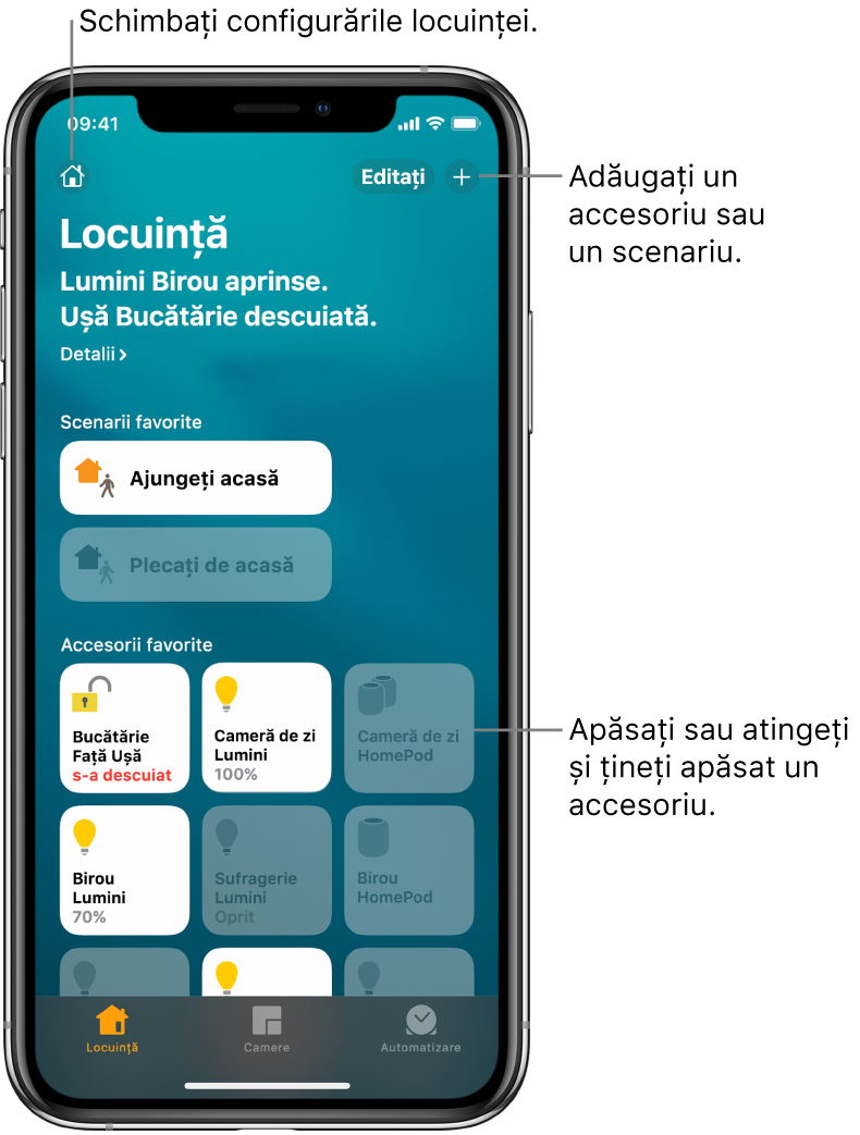 Fila locuință, care afișează scenarii și accesorii care au fost marcate ca favorite. De asemenea, este afișat un rezumat al stării locuinței. Alte file din partea inferioară sunt Camere și Automatizare.
