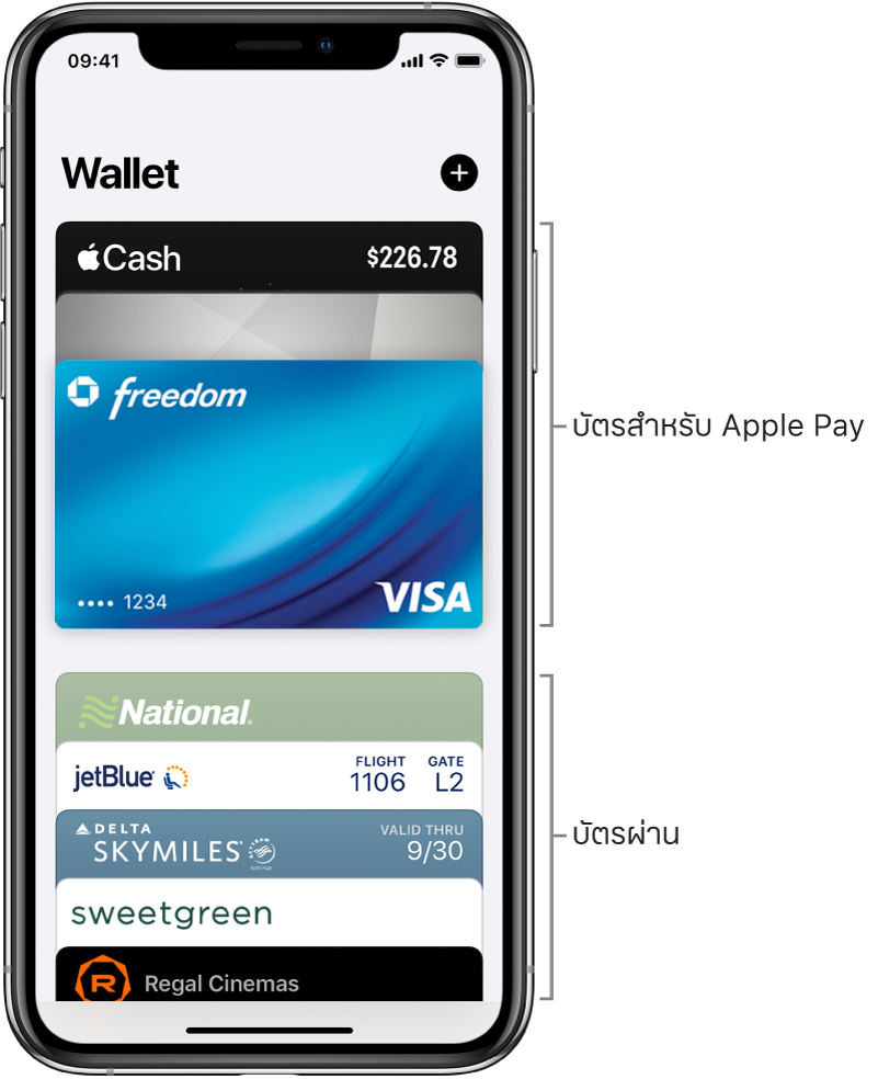 หน้าจอ Wallet แสดงด้านบนสุดของบัตรเครดิต บัตรเดบิต และบัตรผ่านหลายใบ