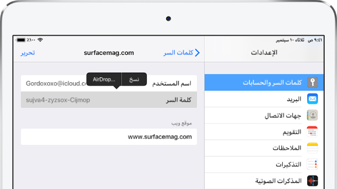 شاشة كلمات السر والحسابات لموقع ويب. قسم كلمة السر محدد، وتظهر قائمة تحتوي على العنصرين "نسخ" و"AirDrop" فوقه.
