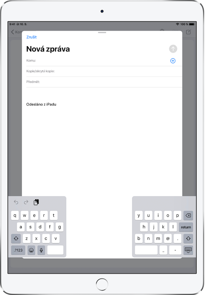 Volná rozdělená klávesnice u dolního okraje obrazovky iPadu