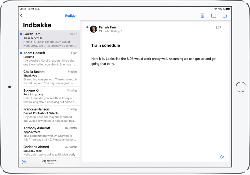 Et eksempel på en e-mail i Indbakke, der viser afsenderens navn, hvilken dag e-mailen blev sendt, emnelinjen og de to første linjer i e-mailen.