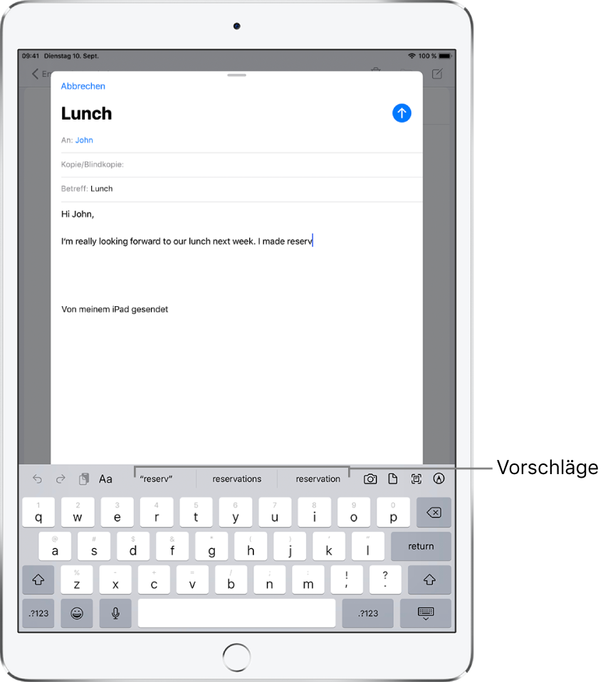 Eine E-Mail-Nachricht mit dem Anfang einer neuen Nachricht und Textvorschlägen zur Vervollständigung des aktuell eingetippten Worts.
