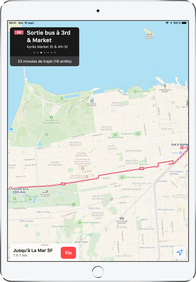 Plan d’un itinéraire en transports en commun à San Francisco. Une fiche d’itinéraire dans le coin supérieur gauche affiche l’instruction « Descendez du bus à 3rd et Market ».